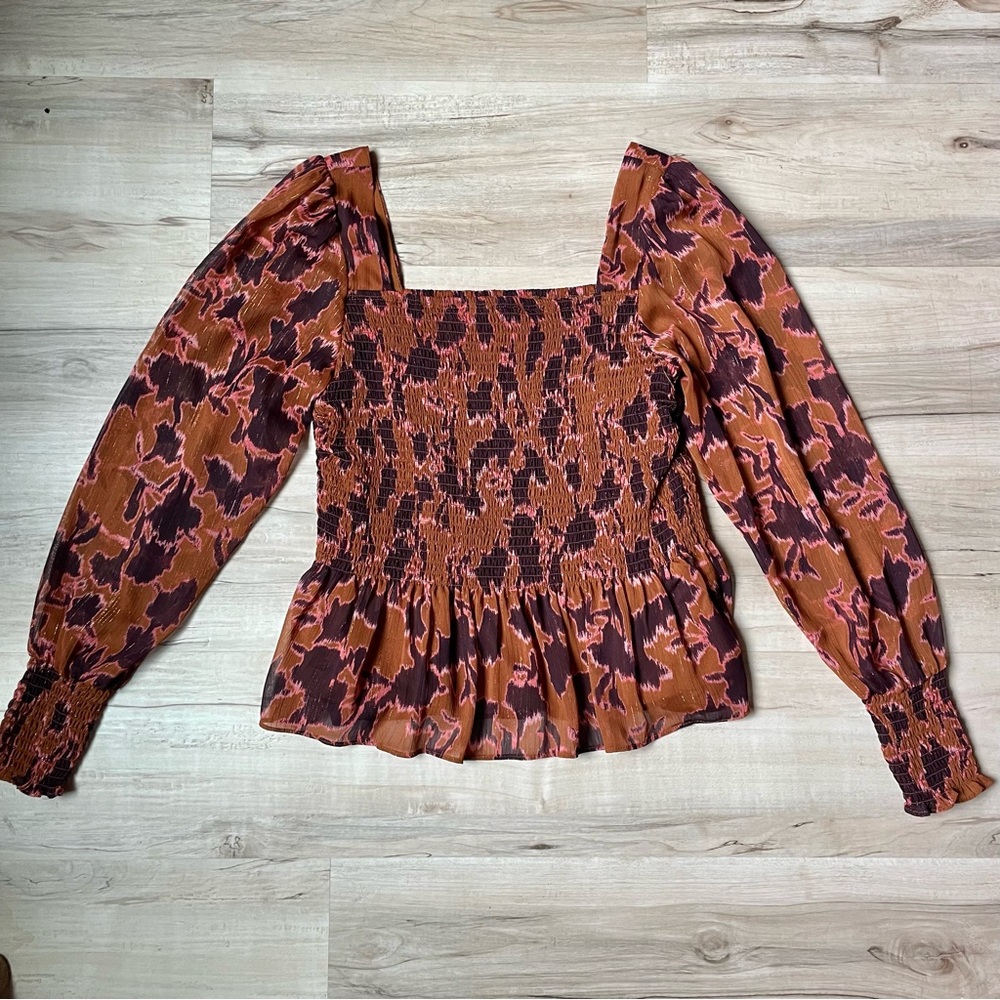 Nine West Smocked Floral Top - Brown and Pink